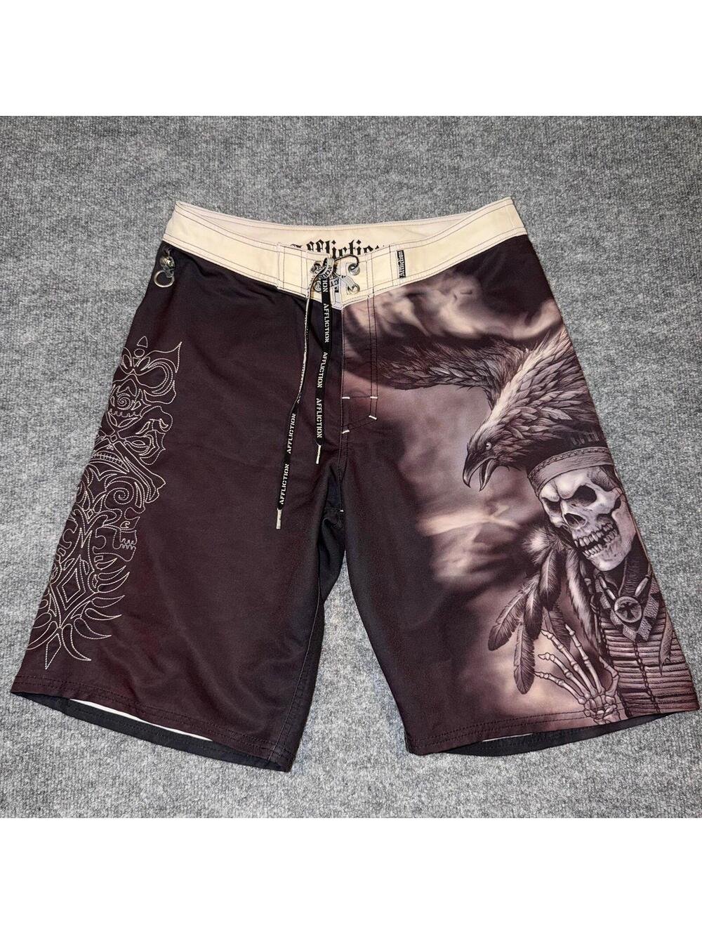 Affliction Tribal Skull Surf Board Shorts Mens SM 31 VTG Y2K 90s Rare